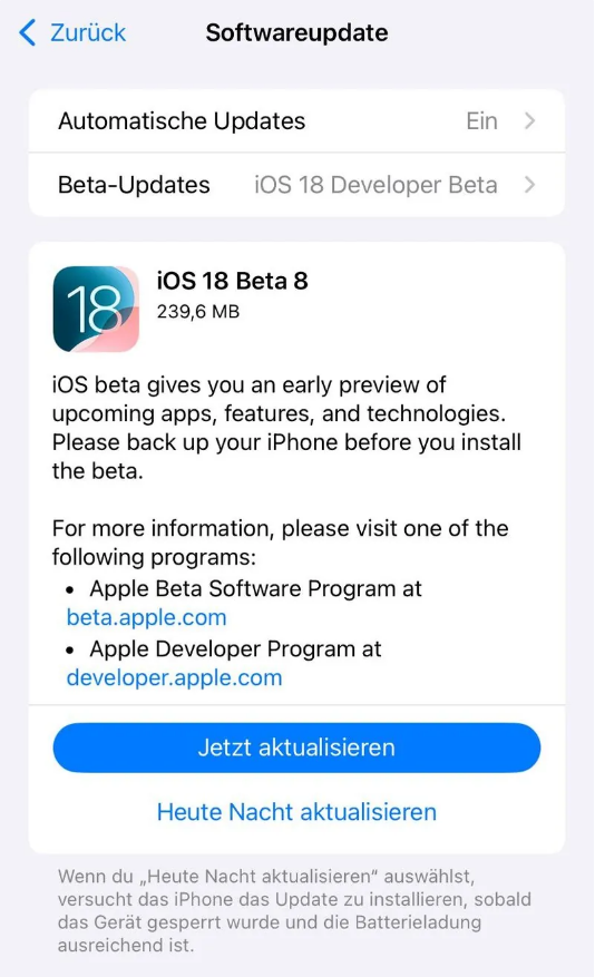 浑源苹果手机维修分享苹果 iOS / iPadOS 18 开发者预览版 Beta 8 发布 